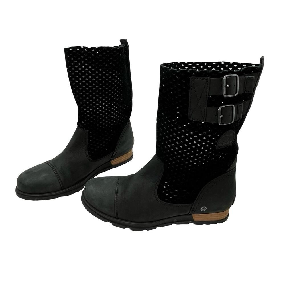 Sorel Major Pull-On Boots Black Leather Mesh Buckle Moto Mid-Calf US 7.5 NL2167